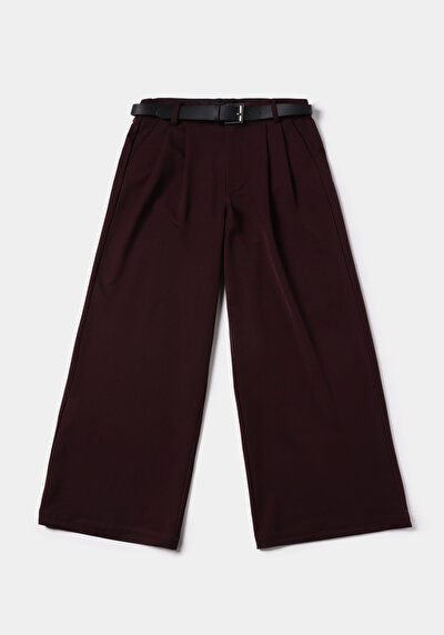 Afficher les détails de Pantalon Bordeaux Wide Leg High Rise En Sergé Regular Fit Femme