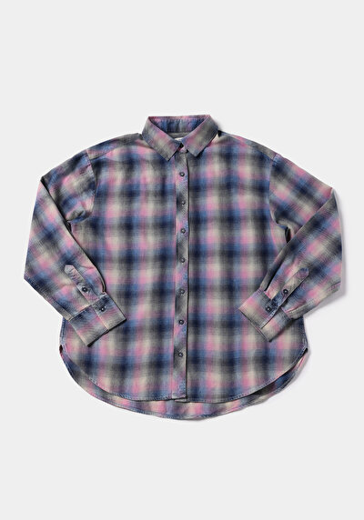 Image de Chemise À Manches Longues Bleu Boyfriend Fit Plaid Flanelle Femme