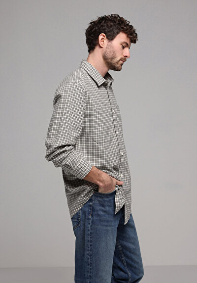 Image de Chemise À Manches Longues Ecru Comfort Fit Plaid Sergé Homme