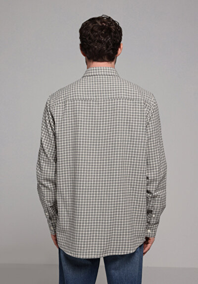 Image de Chemise À Manches Longues Ecru Comfort Fit Plaid Sergé Homme