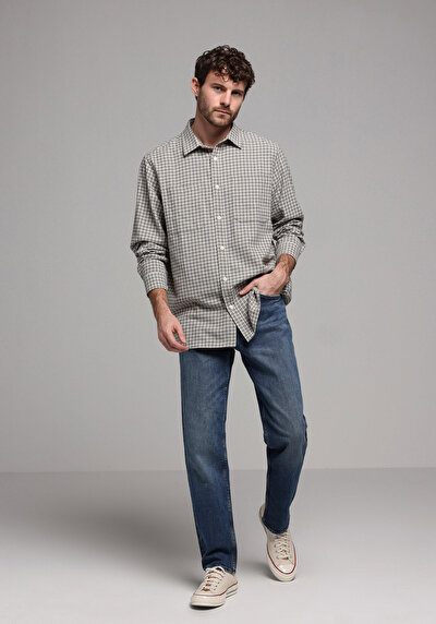 Image de Chemise À Manches Longues Ecru Comfort Fit Plaid Sergé Homme