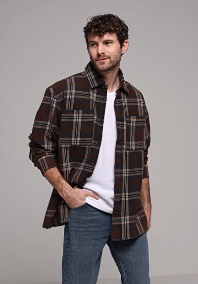 Image de Chemise À Manches Longues Marron Oversize Fit Plaid Sergé Homme