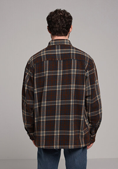 Image de Chemise À Manches Longues Marron Oversize Fit Plaid Sergé Homme