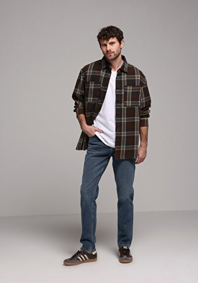 Image de Chemise À Manches Longues Marron Oversize Fit Plaid Sergé Homme