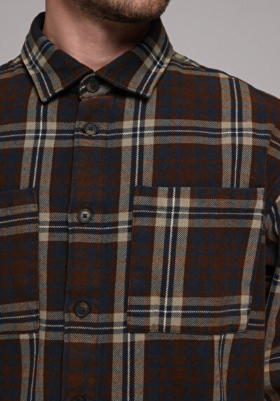 Image de Chemise À Manches Longues Marron Oversize Fit Plaid Sergé Homme