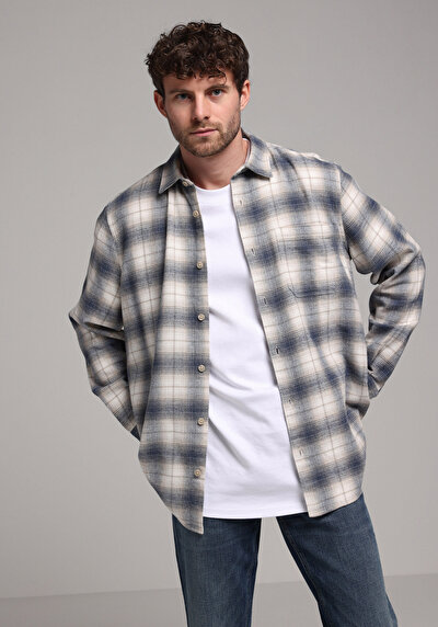 Image de Chemise À Manches Longues Bleu Comfort Fit Plaid Sergé Homme