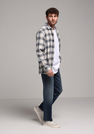 Image de Chemise À Manches Longues Bleu Comfort Fit Plaid Sergé Homme