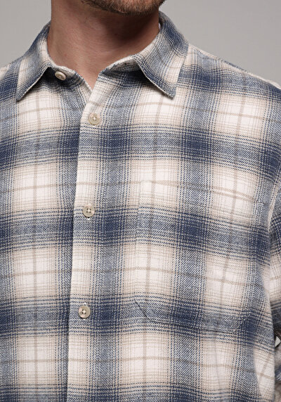 Image de Chemise À Manches Longues Bleu Comfort Fit Plaid Sergé Homme