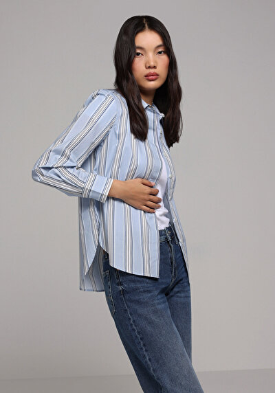 Image de Chemise À Manches Longues Bleu Regular Fit Rayé Popeline Femme