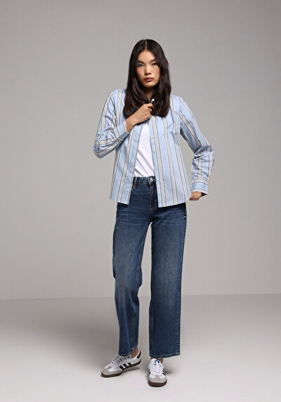 Image de Chemise À Manches Longues Bleu Regular Fit Rayé Popeline Femme