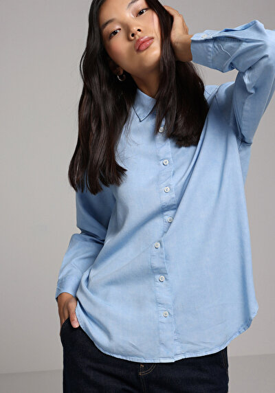 Image de Chemise À Manches Longues Bleu Regular Fit Droit Sergé Femme