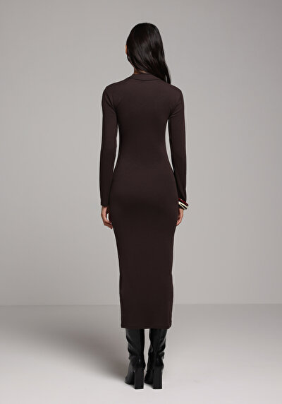 Image de Robe Marron Slim Fit Manches Longues Maxi Côtelé Femme