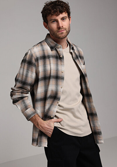 Image de Chemise À Manches Longues Beige Comfort Fit Plaid Sergé Homme