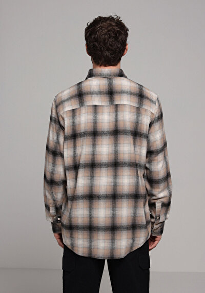 Image de Chemise À Manches Longues Beige Comfort Fit Plaid Sergé Homme
