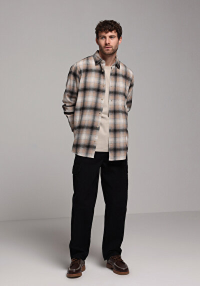 Image de Chemise À Manches Longues Beige Comfort Fit Plaid Sergé Homme