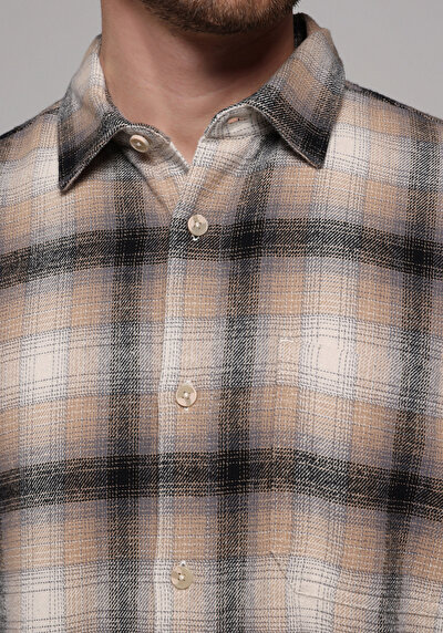 Image de Chemise À Manches Longues Beige Comfort Fit Plaid Sergé Homme