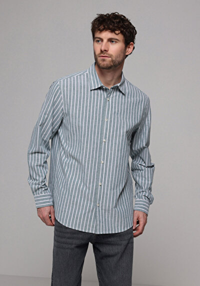 Image de Chemise À Manches Longues Vert Regular Fit Rayé Oxford Homme