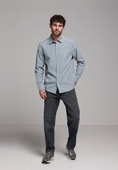 Image de Chemise À Manches Longues Vert Regular Fit Rayé Oxford Homme
