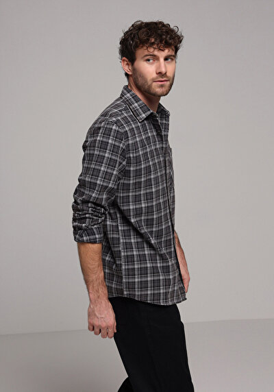 Image de Chemise À Manches Longues Gris Regular Fit Plaid Sergé Homme