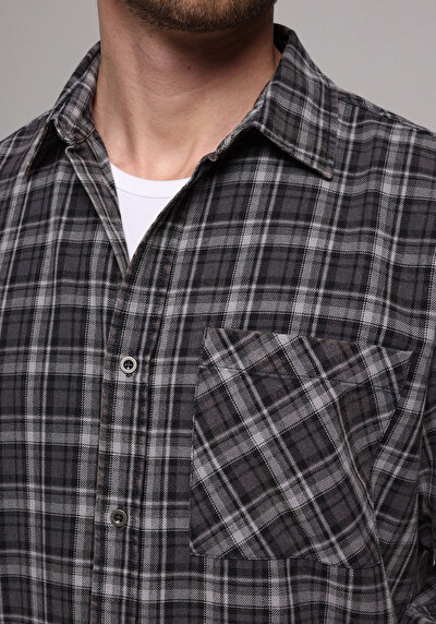 Image de Chemise À Manches Longues Gris Regular Fit Plaid Sergé Homme