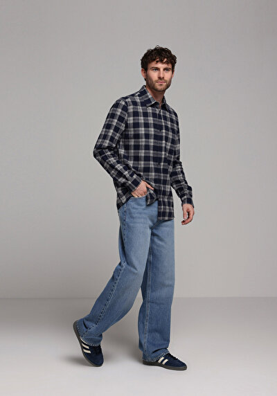Image de Chemise À Manches Longues Marine Regular Fit Plaid Sergé Homme
