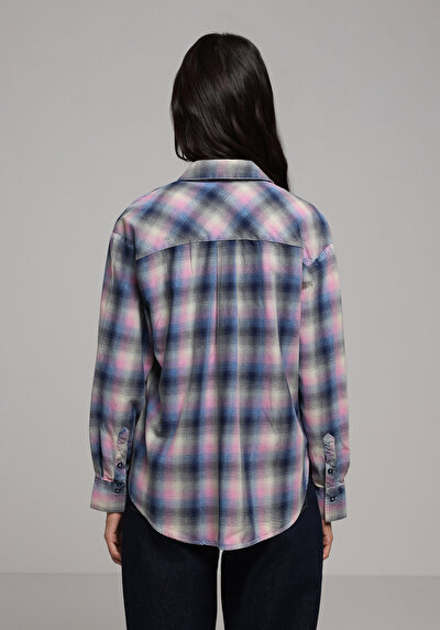Image de Chemise À Manches Longues Bleu Boyfriend Fit Plaid Flanelle Femme