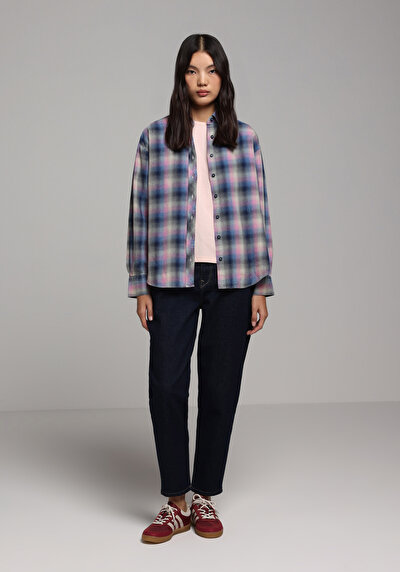 Image de Chemise À Manches Longues Bleu Boyfriend Fit Plaid Flanelle Femme
