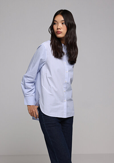 Image de Chemise À Manches Longues Bleu Fashion Fit Rayé Popeline Femme