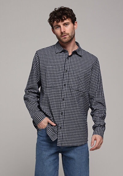 Image de Chemise À Manches Longues Marine Comfort Fit Plaid Sergé Homme
