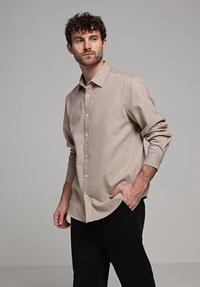 Image de Chemise À Manches Longues Beige Regular Fit Droit Oxford Homme