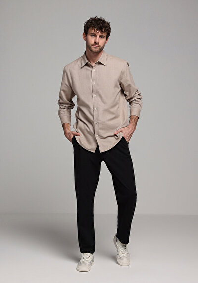 Image de Chemise À Manches Longues Beige Regular Fit Droit Oxford Homme