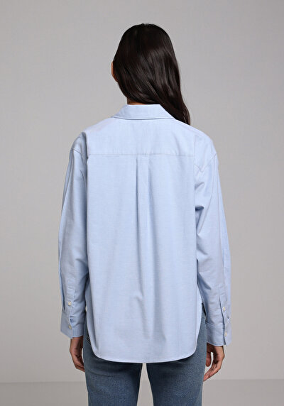 Image de Chemise À Manches Longues Bleu Boyfriend Fit Droit Oxford Femme