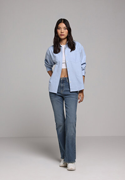 Image de Chemise À Manches Longues Bleu Boyfriend Fit Droit Oxford Femme