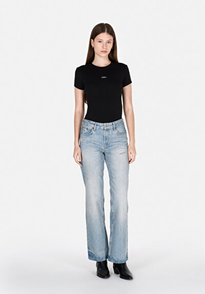 Image de T-shirt À Manches Courtes Noir Slim Fit Imprimé Femme
