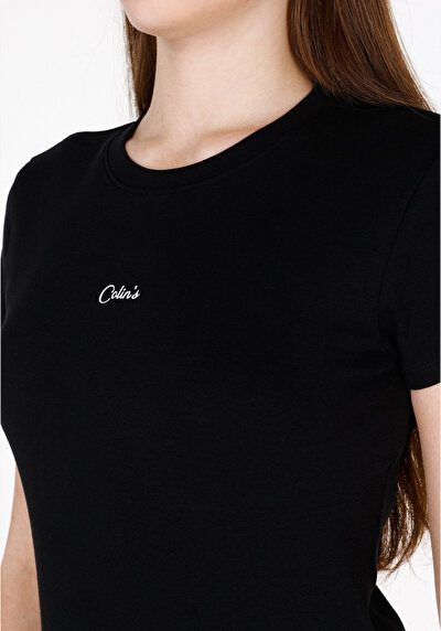 Image de T-shirt À Manches Courtes Noir Slim Fit Imprimé Femme