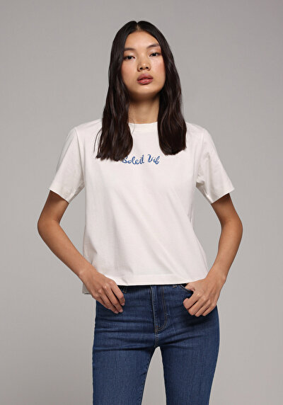 Image de T-shirt À Manches Courtes Blanc Boxy Fit Imprimé Femme