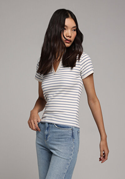 Image de Chemise Polo À Manches Courtes Bleu Rayé Slim Fit Femme