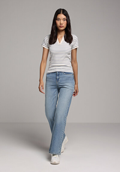 Image de Chemise Polo À Manches Courtes Bleu Rayé Slim Fit Femme