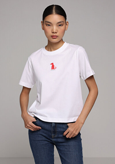 Image de T-shirt À Manches Courtes Blanc Boxy Fit Imprimé Femme