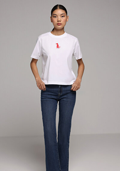 Image de T-shirt À Manches Courtes Blanc Boxy Fit Imprimé Femme