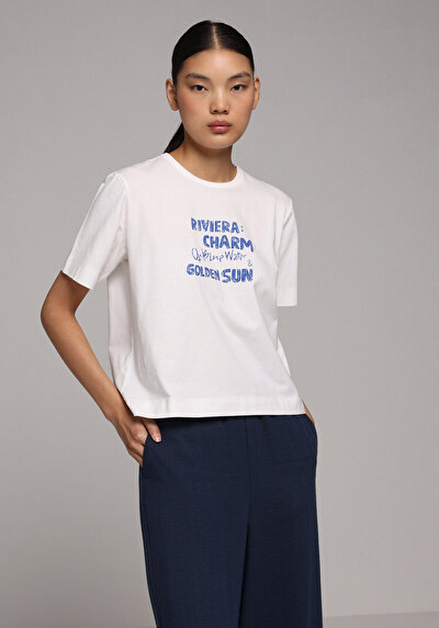 Afficher les détails de T-shirt À Manches Courtes Blanc Regular Fit Brodé Femme