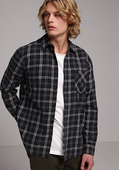 Image de Chemise À Manches Longues Noir Regular Fit Plaid Sergé Homme