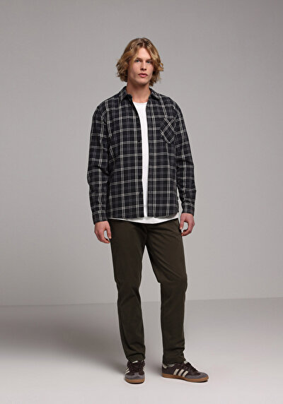 Image de Chemise À Manches Longues Noir Regular Fit Plaid Sergé Homme