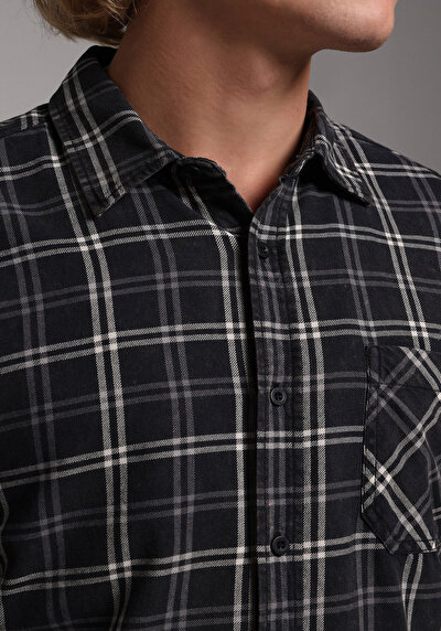 Image de Chemise À Manches Longues Noir Regular Fit Plaid Sergé Homme