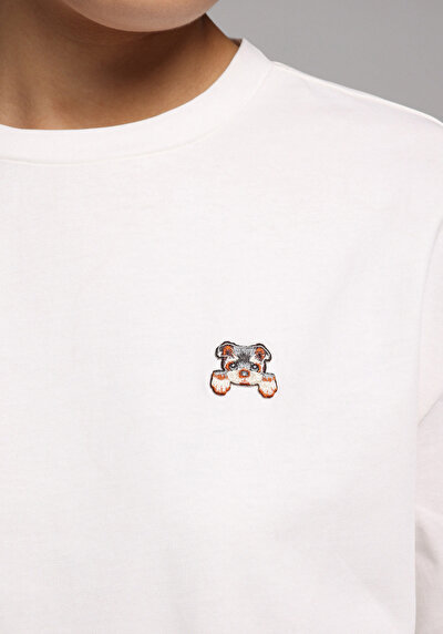Image de T-shirt À Manches Courtes Blanc Boyfriend Fit Brodé Femme