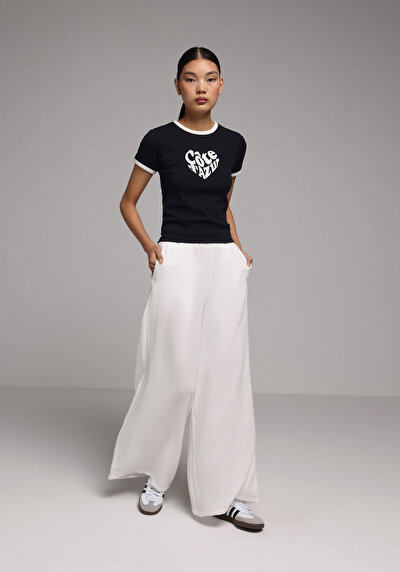 Afficher les détails de Pantalon Blanc Wide Leg High Rise En Ratière Regular Fit Femme