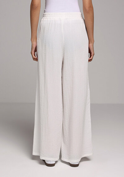 Afficher les détails de Pantalon Blanc Wide Leg High Rise En Ratière Regular Fit Femme