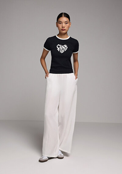 Image de Pantalon Blanc Wide Leg High Rise En Ratière Regular Fit Femme