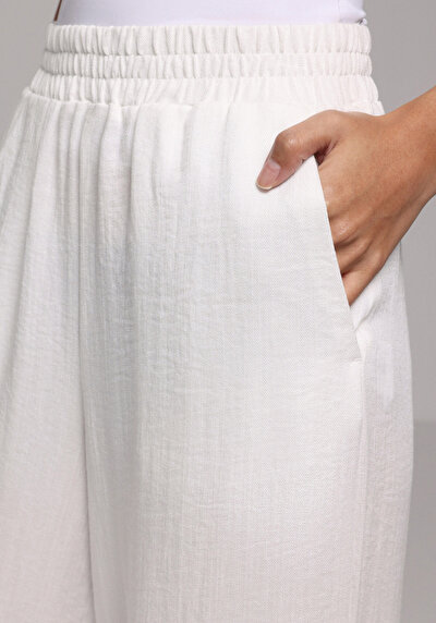 Afficher les détails de Pantalon Blanc Wide Leg High Rise En Ratière Regular Fit Femme