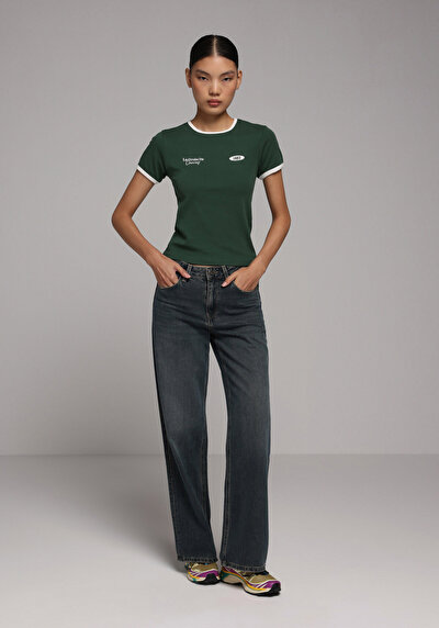 Image de T-shirt À Manches Courtes Vert Slim Fit Imprimé Femme